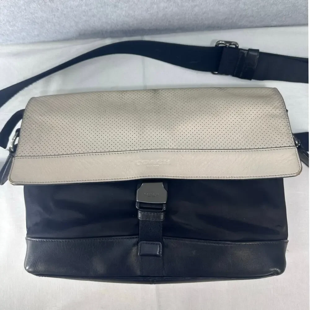 Coach Bike Bag Off White Leather & Black Nylon Messenger Bag Adj. Strap F71968